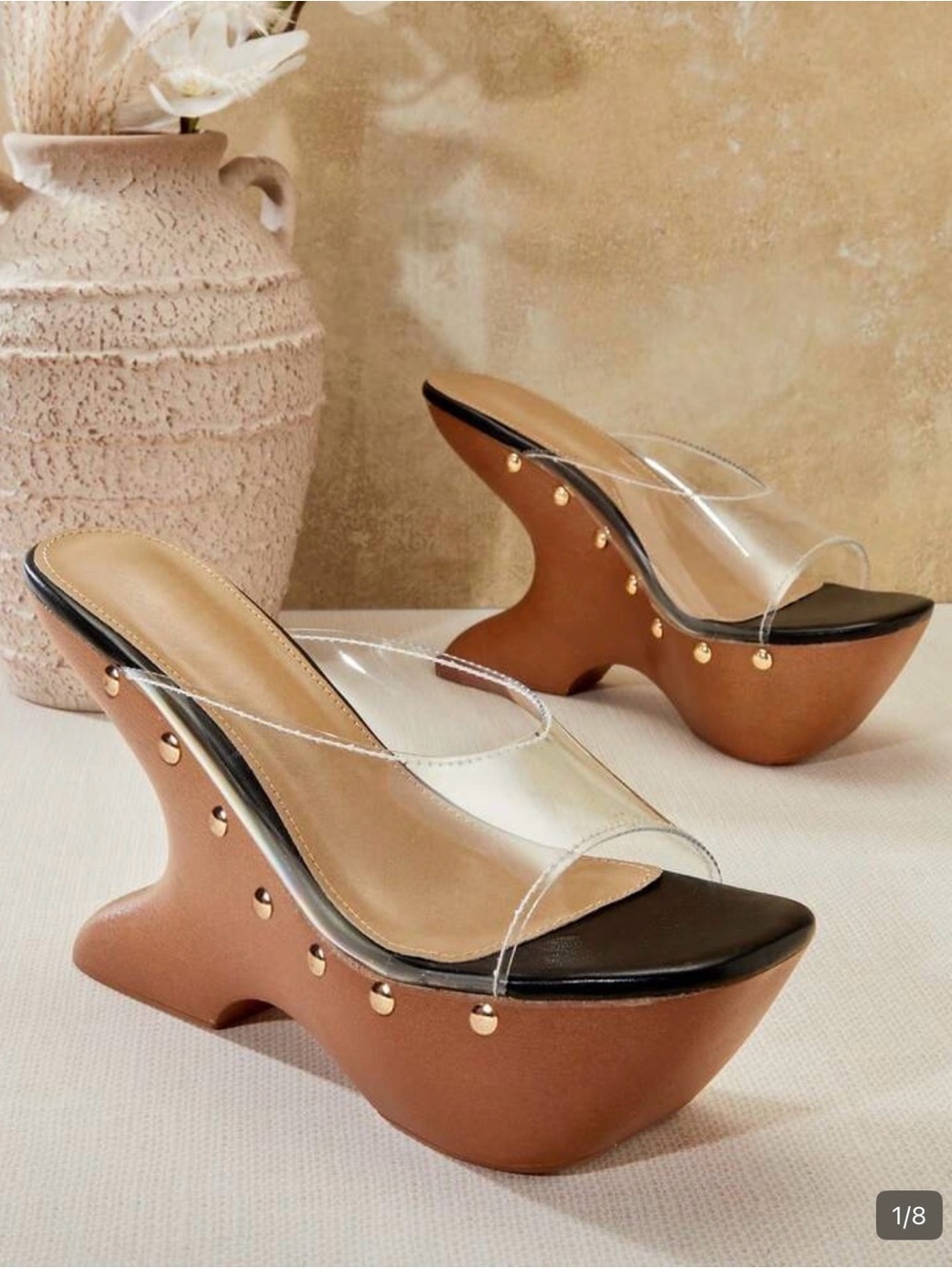 Clear Strap Tan Platform Mule Sandals
